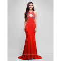 Formal Evening Dress Trumpet Mermaid Halter Sweep Brush Train Jersey with Beading